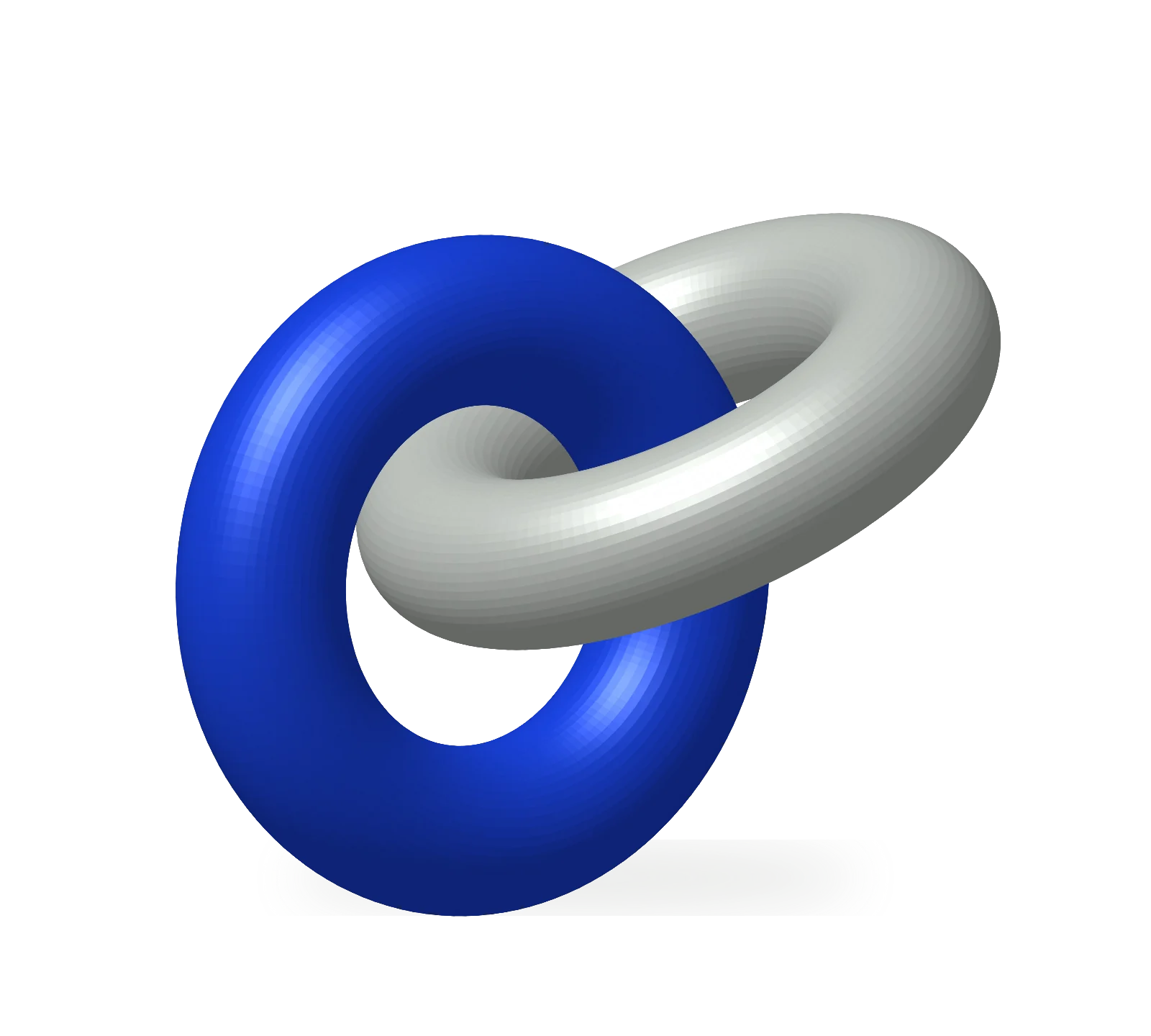 Two interlocking sculptural rings, one cobalt blue and one silver, representing human creativity and machine intelligence